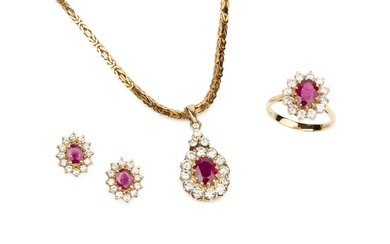 A suite of ruby and diamond jewellery, comprising a pendant...
