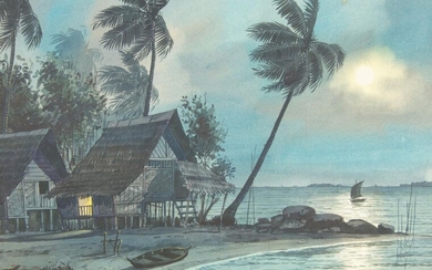 A.B. Ibrahim (Malaysian, 1922-1977), watercolour on paper, Coastal scene at night, signed to lower right, 27.5 x 37.5cm, in glazed frame, 42.5 x 52.5cm overall