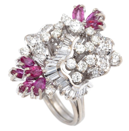 AN 18CT WHITE GOLD DIAMOND AND RUBY COCKTAIL RING; basket mount set with 8 marquise cut rubies, 16 baguette, 16 round brilliant and...