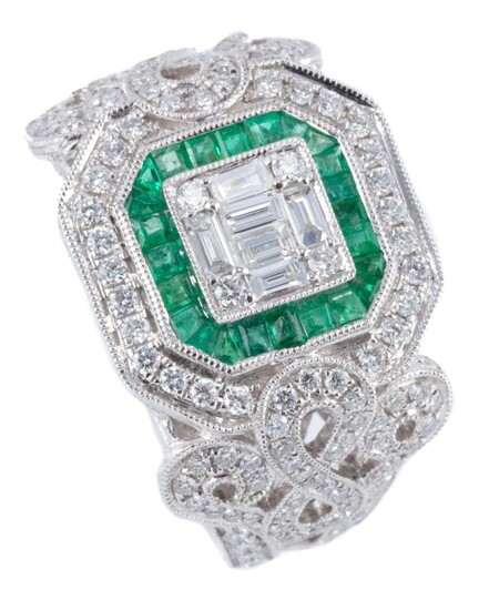 AN 18CT WHITE GOLD EMERALD AND DIAMOND DRESS RING; deco style centring a cluster of 6 baguette and 4 round brilliant cut diamonds, s...