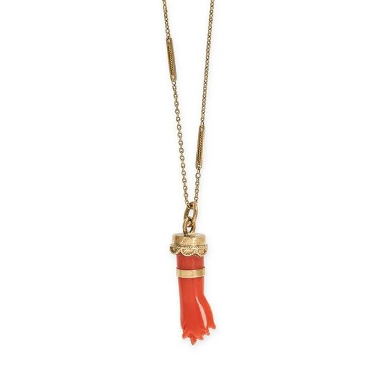 AN ANTIQUE CARVED CORAL HAND CORNICELLO PENDANT AND