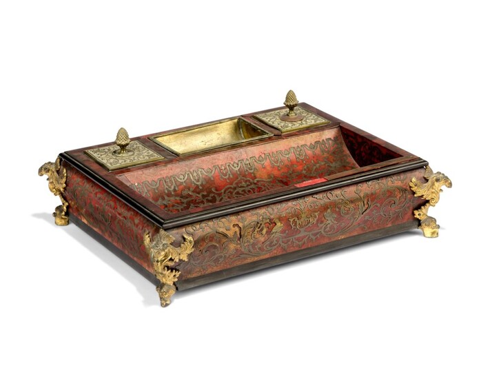 AN EARLY VICTORIAN ORMOLU-MOUNTED BRASS-INLAID TORTOISESHELL 'BOULLE' MARQUETRY INKSTAND, BY EDWARD HOLMES BALDOCK, SECOND QUARTER 19TH CENTURY
