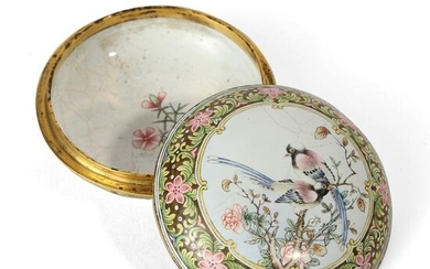 AN ENAMELLED BRONZE 'FLOWERS AND BIRDS' BOX WITH COVER