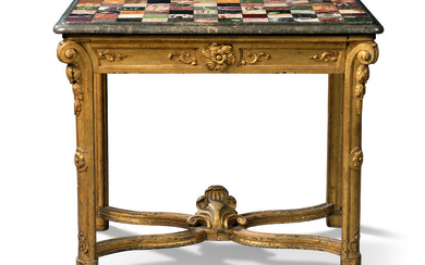 AN ITALIAN GILTWOOD AND SPECIMEN MARBLE CONSOLE TABLE