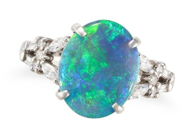 AN OPAL AND DIAMOND RING in 18ct white gold, set with an oval cabochon opal, the shoulders set with