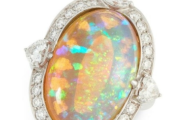 AN OPAL AND DIAMOND RING in 18ct white gold, set with