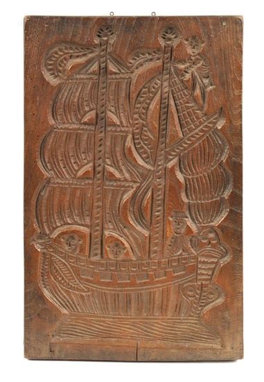 AN UNUSUAL 19TH CENTURY CARVED WOOD DOUBLE-SIDED GINGERBREAD MOULD