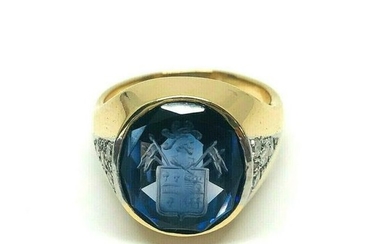 ANTIQUE Carved Sapphire Diamond Signet Ring