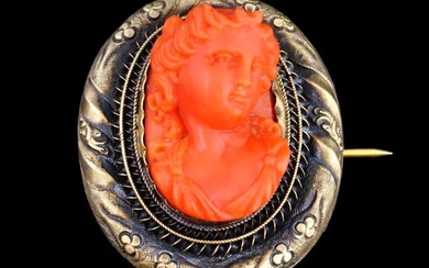 ANTIQUE VICTORIAN RED CORAL CAMEO BROOCH PENDANT