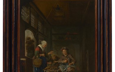 ATTIRIBUTED TO BARTHOLOMEUS MATON (LEIDEN 1641/46-1684 STOCKHOLM) A cobbler's interior with a woman at the door