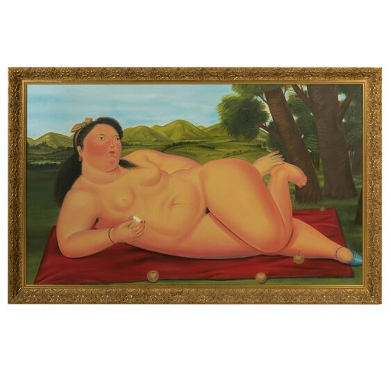 After Fernando Botero - Nude Oil on Canvas