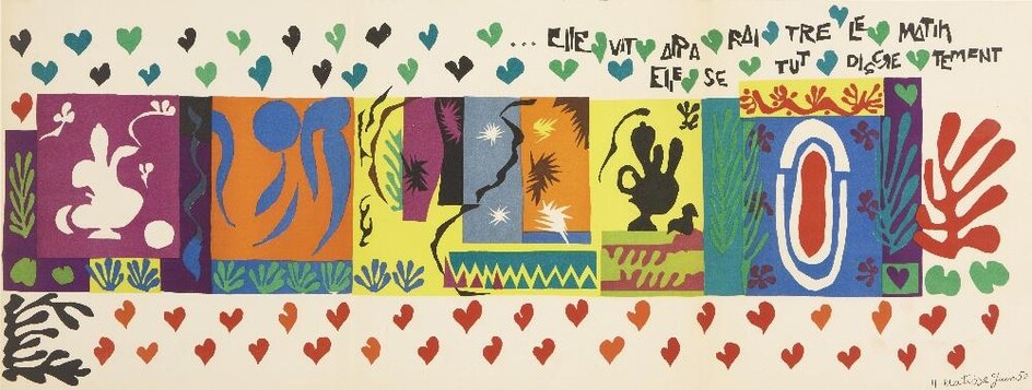 After Henri Matisse, French 1869–1954, A thousand and one nights; lithograph in colours on wove on a three book sized page, from the Derriere le miroir edition stamped signature within print, 31.2 x 83 cm, (framed) (ARR)