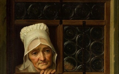 After Josef Hauzinger, Austrian 1728-1786- Old woman in a window; oil on canvas, 80.5 x 67 cm. Note: After the original oil by Hauzinger, of similar dimensions, and held in the Pushkin Museum, Moscow (no.3239), and itself clearly in the manner of...