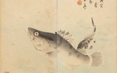 After Taki Katei (1830-1901) Japanese woodblock print 'Bass fish hunts...