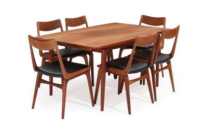 Alfred Christensen: “Boomerang”. A teak dining room, consisting of a dining table and six side chairs with black leather. Slagelse Møbelværk. (7)