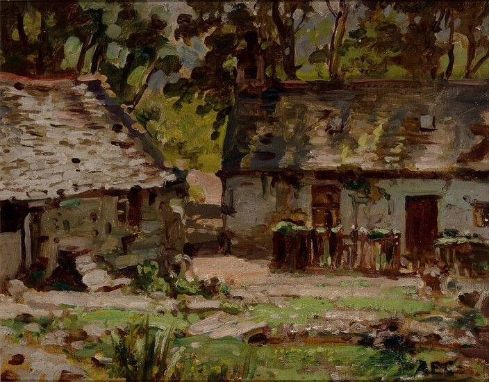 Alfred Egerton Cooper RBA, British 1883–1974 - Cottages; oil on canvas board, initialled lower right 'AEC', inscribed on the reverse 'To Che with love A Egerton Cooper', 34 x 43 cm (ARR)