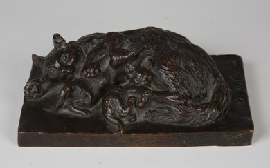 Alice Mary Chaplin - a late Victorian brown patinated cast bronze model group of a cat and her two k