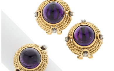 Amethyst, Diamond, Gold Jewelry Suite Stones: Amethyst cabochons; single-cut...