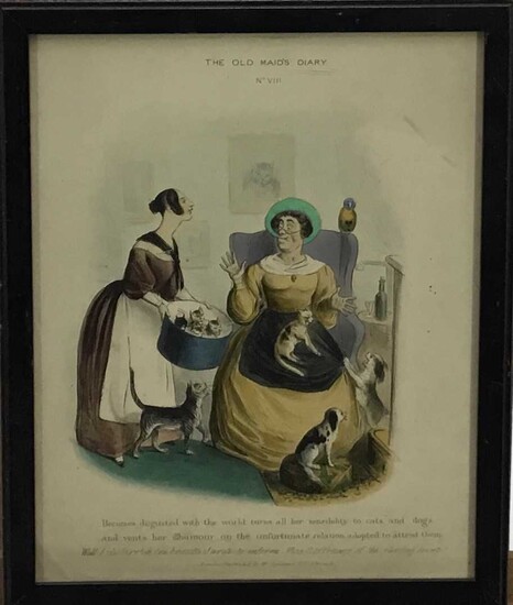 Amusing 19th century hand coloured engraving- 'The old maid's diary'