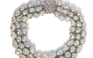 An 18 Karat White Gold, Cultured Baroque Pearl and Diamond Necklace