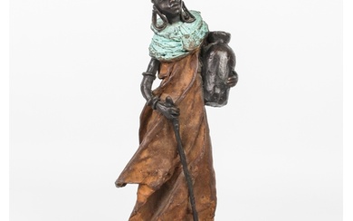 An African patinated bronze figure - modern, the heavily cas...