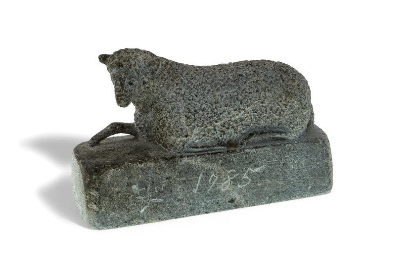 An American Folk Art stone carving of a recumbent sheep, c.1825, the rectangular integral base inscribed 1795, 9cm high, 13cm wide, 4cm deep Provenance: Acquired from F. Barrie Freeman Antiques Quaker Point Farm, Maine, 1989. The Geoffrey and Fay...