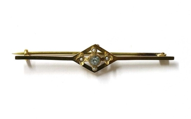 An Edwardian gold aquamarine and split pearl bar brooch