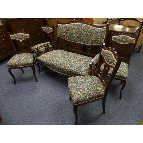 An Edwardian walnut five-piece upholstered Parlour suite, ea...