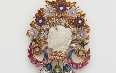 An Italian 18k gold, polychrome enamel, diamond, pink sapphire and opal cameo brooch.