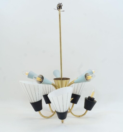An Italian ten light brass chandelier, c.1950, with four glass shades and five egg shell enamelled shades, 64cm high chair (VAT charged on hammer price) It is the buyer's responsibility to ensure that electrical items are professionally rewired for...