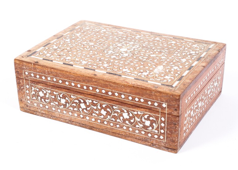 An early 20th century Anglo-Indian bone inlaid hardwood jewellery box, of rectangular form