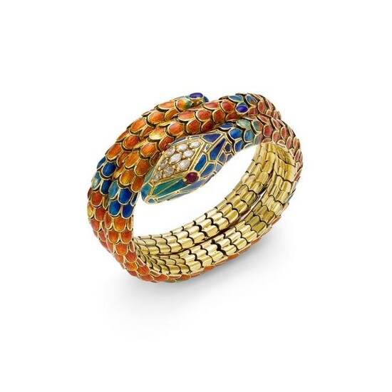 An enamel and gem-set snake bracelet