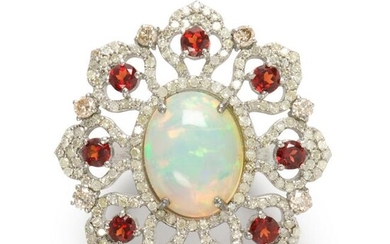 An opal, garnet and diamond ring