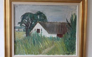 Anne Margrethe Grosell: Summer landscape with a thatched house. Signed AM Grosell. Oil on canvas. 50×60 cm. Frame size 69×80 cm.