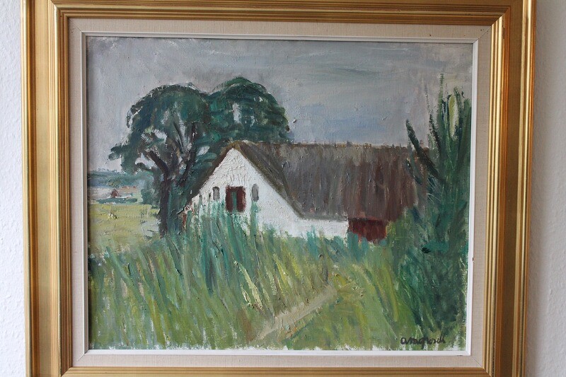 Anne Margrethe Grosell: Summer landscape with a thatched house. Signed AM Grosell. Oil on canvas. 50×60 cm. Frame size 69×80 cm.