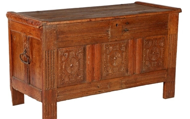 (-), Antique oak blanket chest with fired panel,...