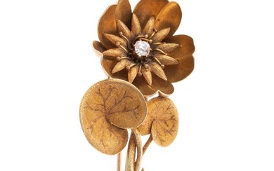 Antique 14K Old Mine Cut Diamond Flower Brooch