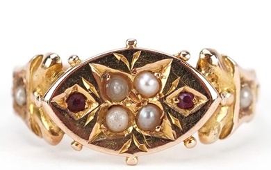 Antique 15ct gold ruby and seed pearl ring with ornate setti...