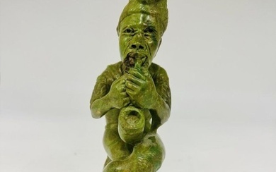 Antique Carved Malachite Stone Chinese Figurine Signed