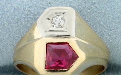 Antique Fancy Cut Natural Ruby and Old European Cut Diamond Ring in 14K Yellow Gold