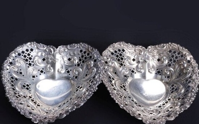 Antique Pair Sterling Silver Gorham Heart Shaped Dishes
