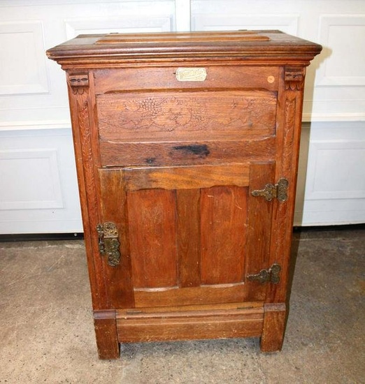 Antique White Clad oak ice box that has been converted to cabinet