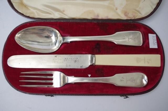 Antique sterling silver christening set in box, fork with Ge...