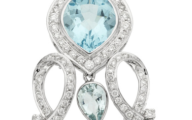 Aquamarine, Diamond, White Gold Pendant Stones: Full-cut diamonds weighing...