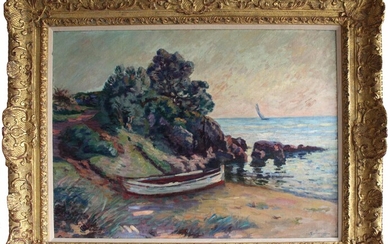 Armand GUILLAUMIN (1841-1927) Barque et rocher à Aguay. Huile sur toile signée en bas à...