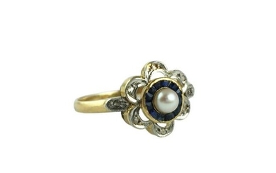 Art Deco flower-shaped ring in 18 K yellow and white