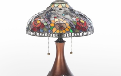 Arts and Crafts Style Composite Dual Table Lamp with Slag Glass Floral Shade