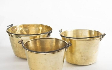 Assembled set of 3 spun brass buckets with steel wire