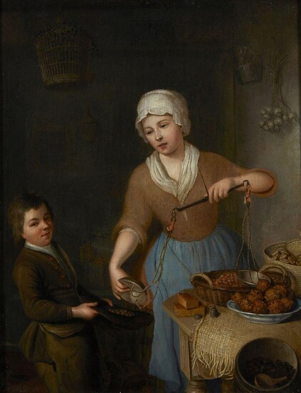 Attributed to Nicolaas Rijnenburg, Dutch 1716-c.1802- A pantry scene with a maid and boy weighing hazelnuts; oil on panel, dated 'Fec 1756.' (in the barrel lower right), with collector's stamp on the reverse, bears old typed label 'MIERIS -1735.'...