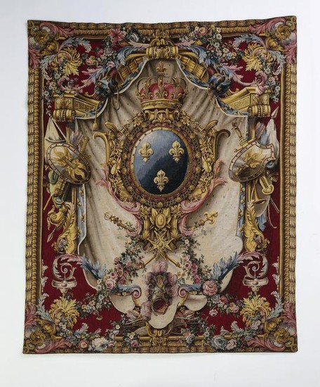 Aubusson style heraldic crest tapestry, 75"h